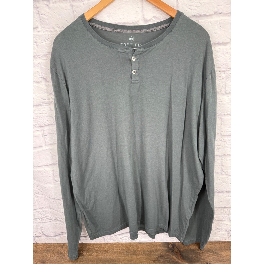 Free Fly Mens XXL Cotton Blend Long Sleeve Henley Shirt Green Gray Gorpcore